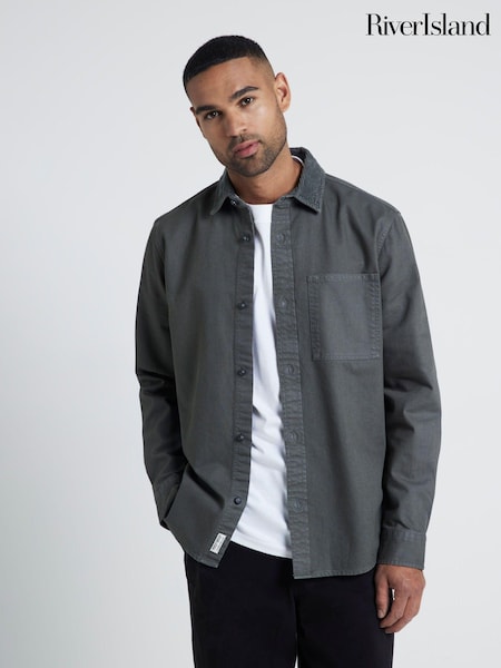 River Island Grey Regular Fit Long Sleeve Contrast 100% Cotton Cord Collar Shirt (AD4885) | €50