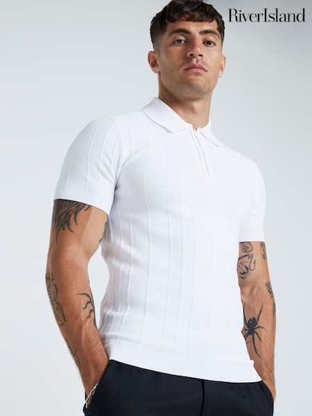 River Island White Herringbone Muscle Fit Polo Shirt (AD4891) | €40