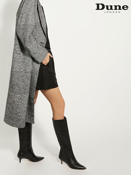 Dune London Black Wide Fit Smooth Kitten Heel Point Knee-High Boots (AD4980) | €255