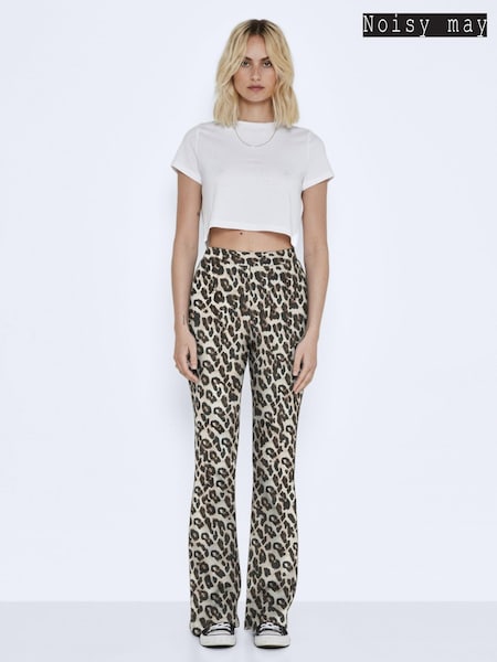 NOISY MAY Black High Waisted Leopard Print Flared Jersey Trousers (AD4982) | €37