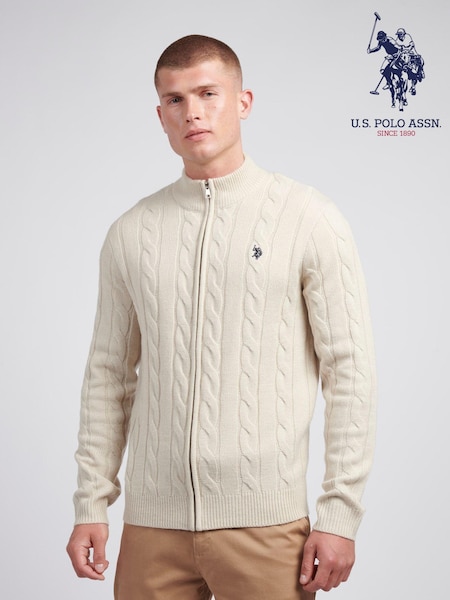 U.S. Polo Assn. Natural Mens Cable Knit Quarter Zip Funnel Neck Sweater (AD5162) | AED466