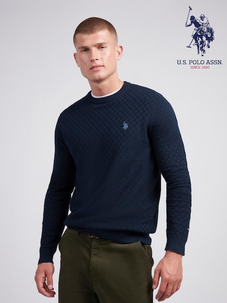 U.S. Polo Assn. Mens Blue Checkerboard Knit Crew Neck Polo Shirt (AD5172) | €93