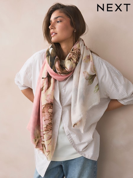 Ecru/Pink Floral Lightweight Scarf (AD5209) | ₪47
