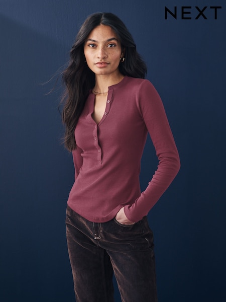 Burgundy Red Ribbed Button Detail Long Sleeve Henley Top (AD5212) | $30