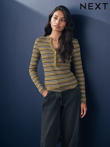 Khaki Green Ribbed Button Detail Long Sleeve Henley Top (AD5213) | OMR5