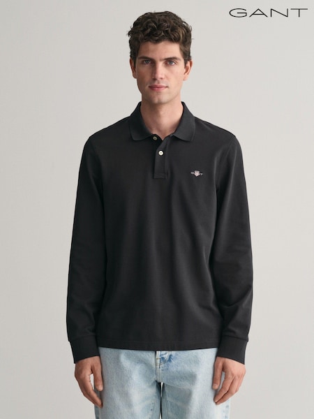GANT Black Regular Long Sleeve 100% Cotton Sheild Pique Rugby Polo Shirt (AD5442) | €82