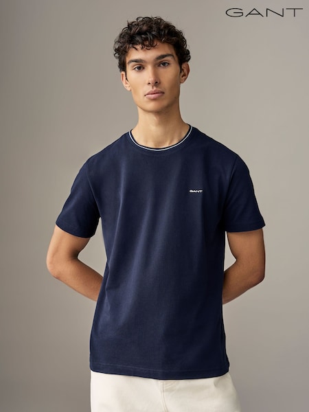 GANT Blue Textured Rib Short Sleeve 100% Cotton T-Shirt (AD5462) | 161 QAR