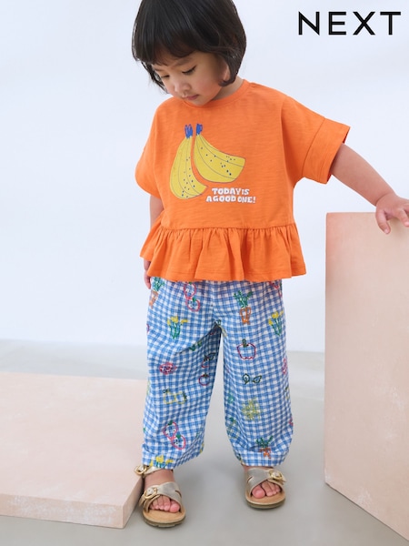 Orange/Navy Gingham Fruit Short Sleeve Peplum 100% Cotton T-Shirt and Wide Leg Trousers Set (3mths-7yrs) (AD5469) | 494 UAH - 659 UAH