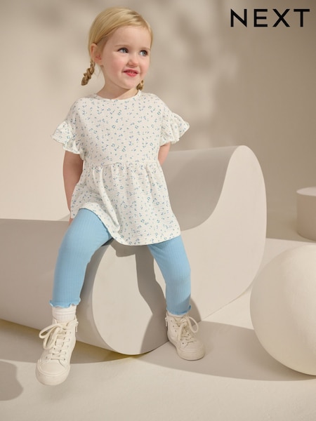 White/Blue Ditsy Floral Short Sleeve Peplum Top and Leggings Set (3mths-7yrs) (AD5470) | EGP660 - EGP900
