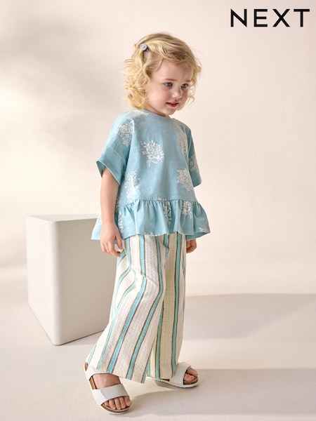 Blue Stripe Flower Short Sleeve Peplum 100% Cotton T-Shirt and Wide Leg Trousers Set (3mths-7yrs) (AD5477) | 494 UAH - 659 UAH