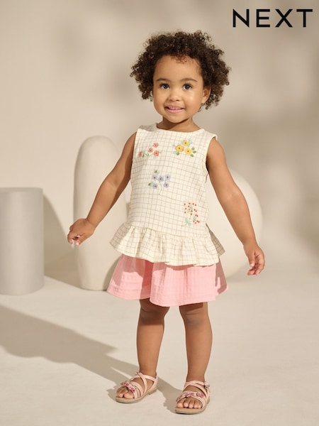 White/Pink Embroidered Flowers Peplum 100% Cotton Vest and Shorts Set (3mths-7yrs) (AD5481) | 494 UAH - 659 UAH