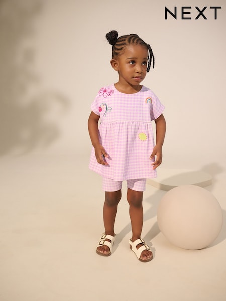 Lilac Gingham Holiday Embroidery - Kortermet Peplum Top og Cycle Kort-sett (03måneder-17år) (AD5483) | kr184 - kr251