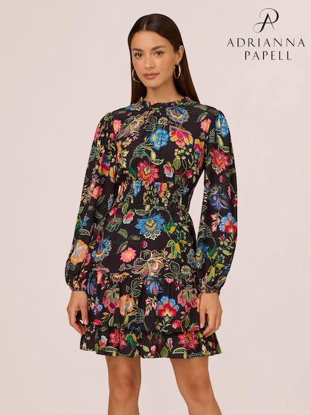 Adrianna by Adrianna Papell Smocked Printed Short Black Dress (AD5501) | 8,351 UAH