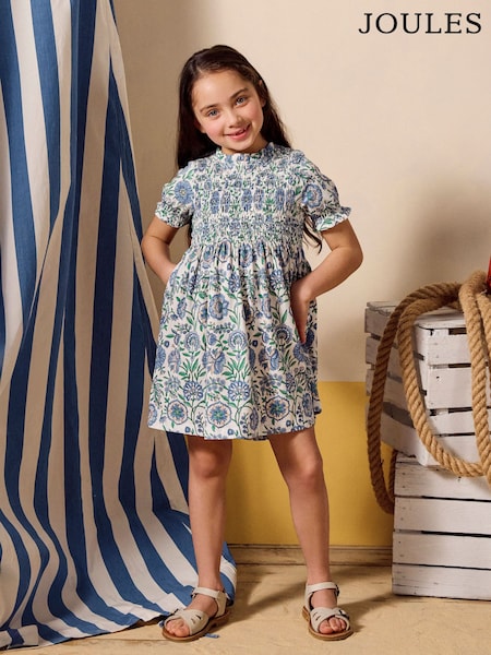 Joules Gracie Blue Short Sleeve Shirred Dress (AD5504) | R$ 195 - R$ 255