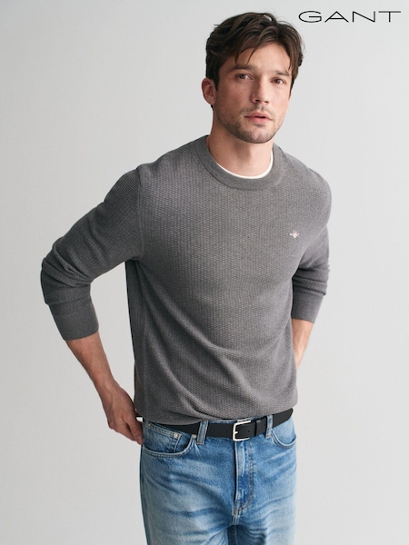 GANT Grey Micro 100% Cotton Textured Crew Neck Sweater (AD5547) | €95