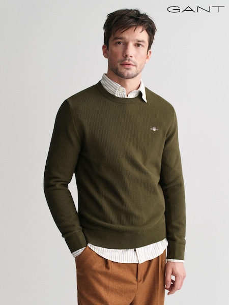 GANT Green Micro 100% Cotton Textured Crew Neck Sweater (AD5548) | €102