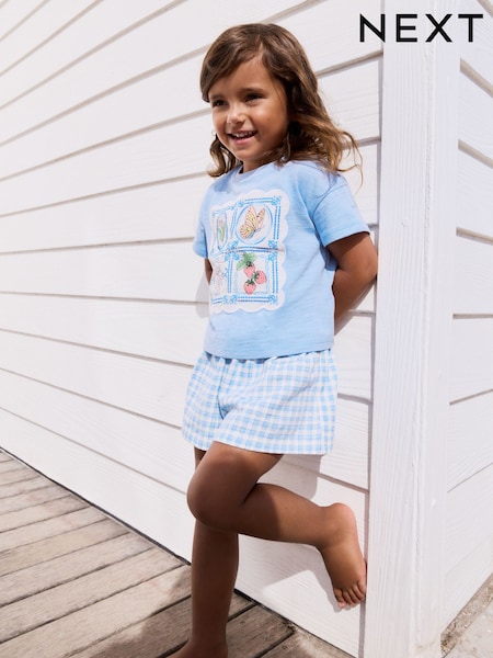 Blue Gingham Flowers Short Sleeve T-Shirt and Shorts Set (3mths-7yrs) (AD5560) | 576 UAH - 741 UAH