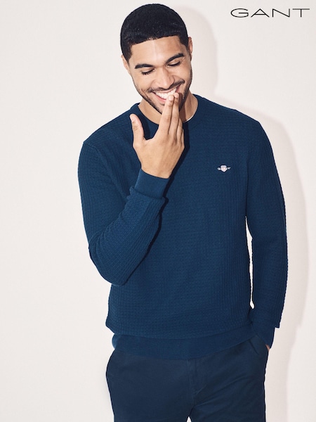 GANT Blue Textured Cotton Crew Neck Sweater (AD5561) | R$ 1,235