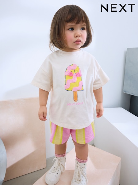 Ecru/Pink Ice Cream Character Short Sleeve T-Shirt and Shorts Set (3mths-7yrs) (AD5564) | $17 - $24