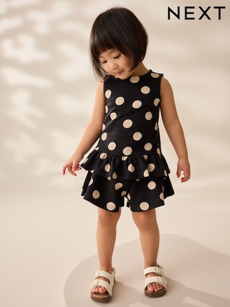 Monochrome Spot Peplum 100% Cotton Vest and Shorts Set (3mths-7yrs) (AD5565) | kr180 - kr240