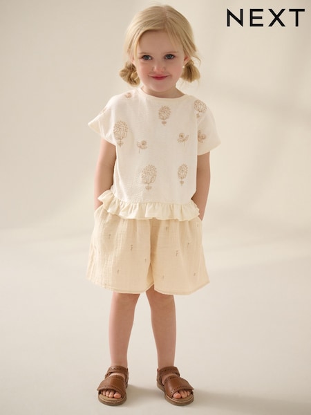 Blumenstickerei in Cremefarbe - Short Sleeve Frill Hem Top and Shorts Set (3mths-7yrs) (AD5568) | 20 € - 26 €