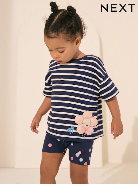 Navy Padded Flower Short Sleeve T-Shirt and Cycle Shorts Set (3mths-7yrs) (AD5569) | $19 - $26