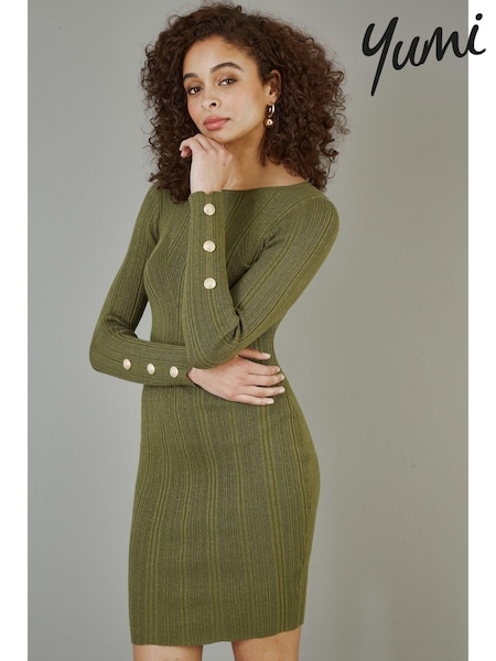 Yumi Green Shimmer Fitted Midi Dress With Button (AD5855) | €55