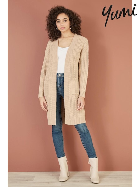 Yumi Natural Cable Knit Edge to Edge Long Cardigan With Pockets (AD5876) | 3,605 UAH