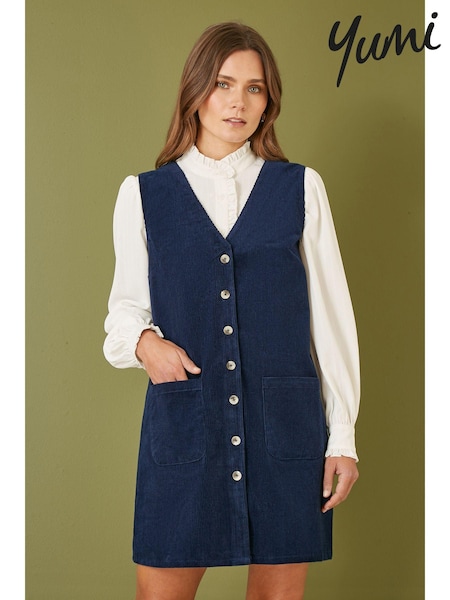 כחול  - Yumi Corduroy Button Through Pinafore Dress With Pockets (AD5877) | ‏277‏₪