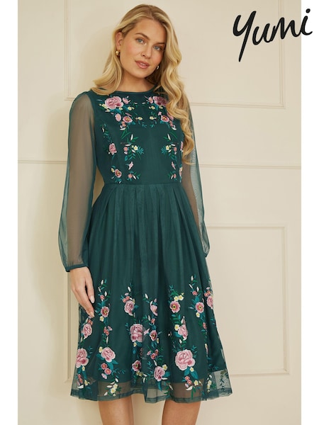 Yumi Green Embroidered Long Mesh Sleeve Prom Skater Dress (AD5929) | R$ 690