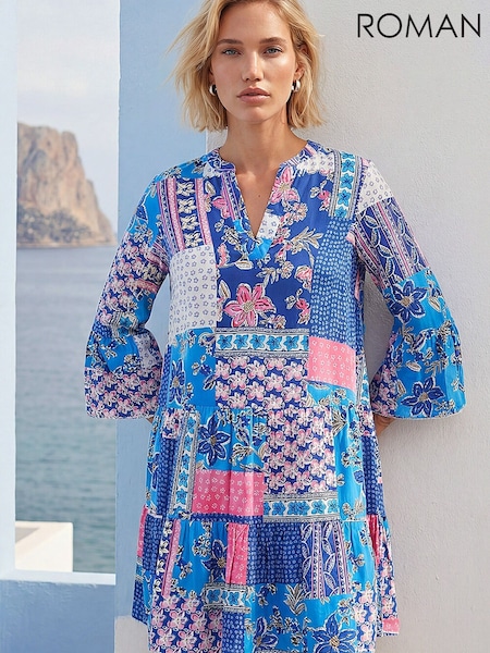 Blue - Roman Patchwork Print Swing Dress