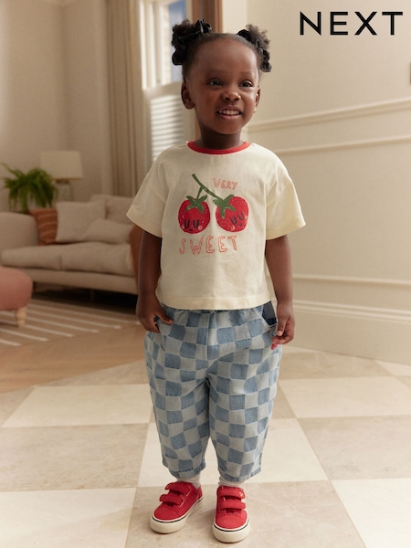 ג'ינס - Checkerboard 100% Cotton Jeans And Cherry T-shirt Set (3mths-7yrs) (AD6361) | ‏84‏₪ - ‏101‏ ₪