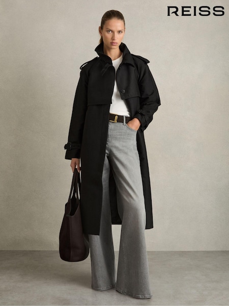 Reiss Black August Gabardine Trench Coat with Cotton (AD6371) | AED2,146