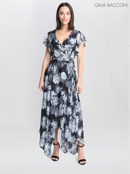 Gina Bacconi Jude High Low Floral Print Black Dress (AD6389) | € 179