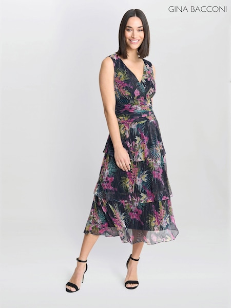 Gina Bacconi Nina Midi Sleeveless Printed Tiered Black Dress (AD6400) | €191