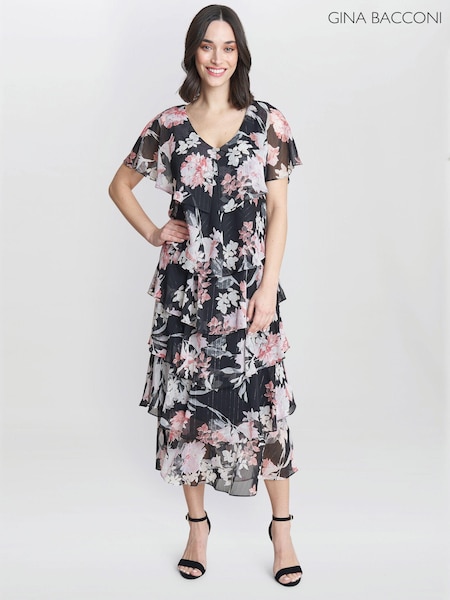 Gina Bacconi Janice V-Neck Printed Midi Length Tiered Black Dress (AD6402) | 1,086 LEI