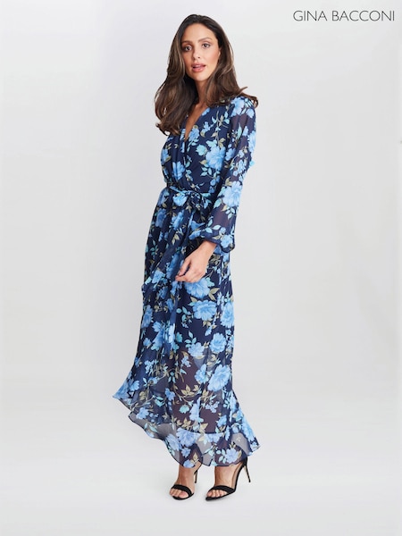 Gina Bacconi Blue Norma Printed Maxi Dress With Tulip Overlay And Tie Belt (AD6403) | € 195