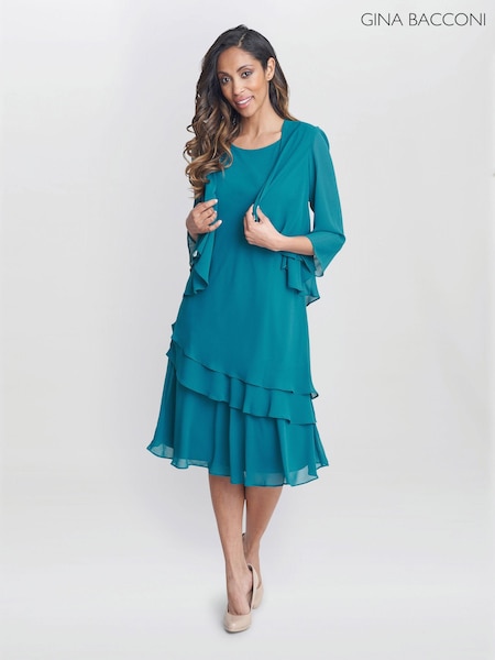 Gina Bacconi Green Lola Jacket And Asymmetric Triple Tiered Dress (AD6405) | ‏1,456 د.إ.‏