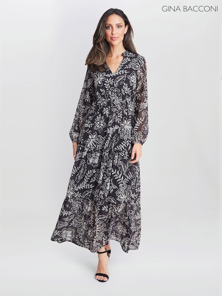 Gina Bacconi Iona Print Stand Collar Black Dress (AD6407) | AED577