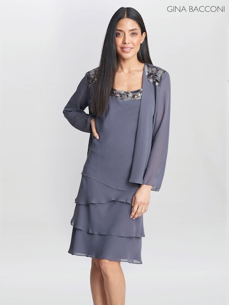 Gina Bacconi Grey Leigh Embellished Tiered Sequin Jacket Dress (AD6409) | €225