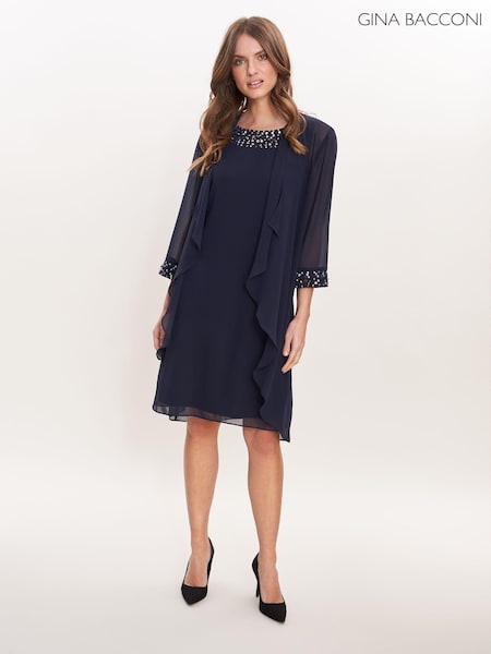 Gina Bacconi Blue Joseline Short Chiffon Jacket Dress With Beaded Neckline (AD6410) | €155