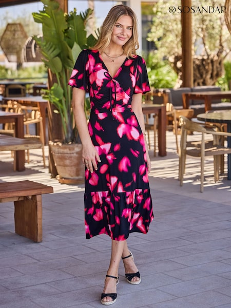 Black - Sosandar Floral Print Ruched Waist Fit & Flare Dress