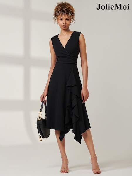 Jolie Moi Black Qiana Ruffle Detail Midi Dress (AD6825) | 371 QAR