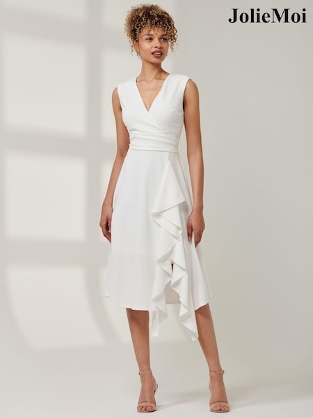 Jolie Moi White Qiana Ruffle Detail Midi Dress (AD6841) | 371 QAR