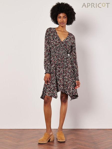 Apricot Black Ditsy Smk Waist Shark Hem Dress (AD6874) | €34