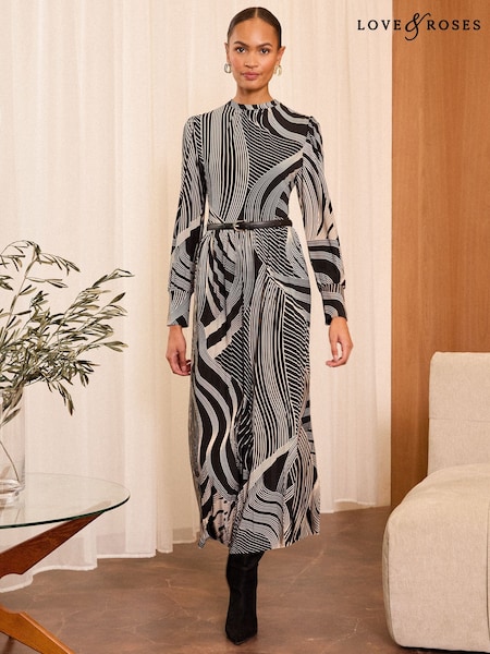 Love & Roses Printed Jersey Crew Neck Long Sleeve Midi Dress (AD6923) | ‏277‏₪