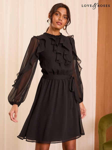 Schwarz - Love & Roses Long Sleeve Ruffle Mini Dress (AD6930) | 47 €