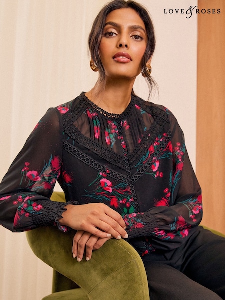 Чорний з квітковим принтом - Love & Roses Jersey Chiffon Sleeve Lace Trim Blouse (AD6938) | 2 103 грн