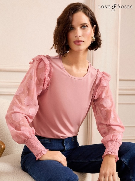 Roz pastel - Bluze din Jersey cu mâneci țesute cu flori Love & Roses (AD6967) | 238 LEI