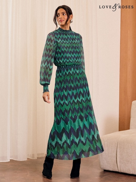Love & Roses Green Petite Plisse Midi Dress (AD6981) | $73